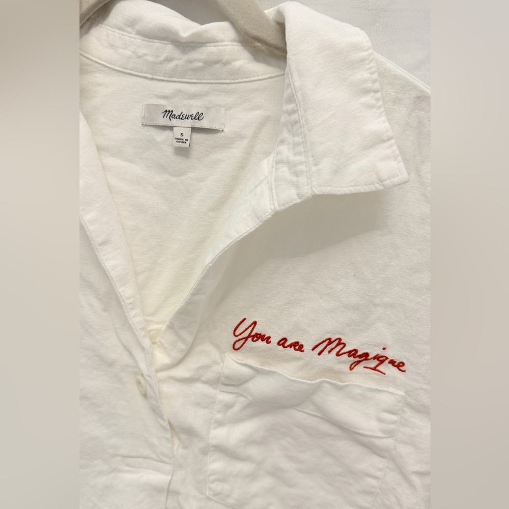 Madewell women’s White Button-Up Shirt with Red Embroidery